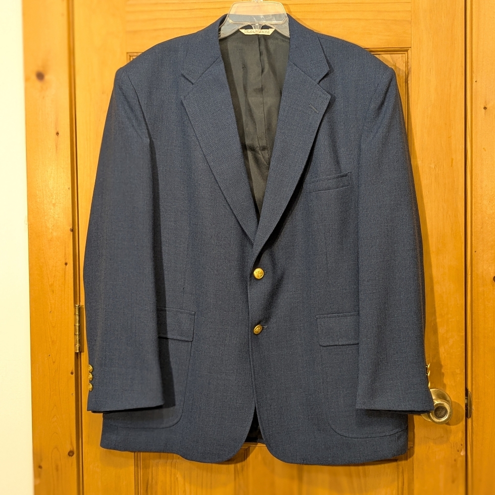 Vtg Stafford Suit Jacket Hopsack Blazer Sport Coat Wool Blend Navy Blue Men 46R